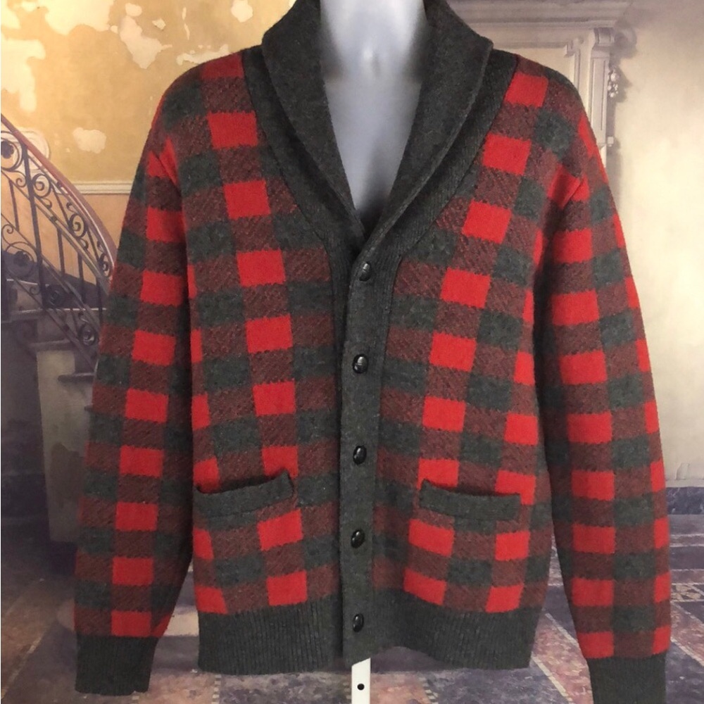 J. Crew Red and Charcoal Gray Plaid Lambswool Cardigan